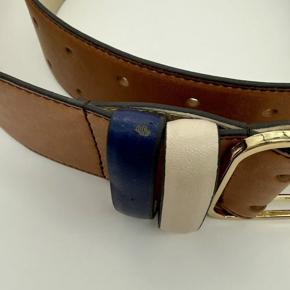 ANN TAYLOR Belt Women's S Brown Leather Blue Cream Double Gold Tone Buckle READ